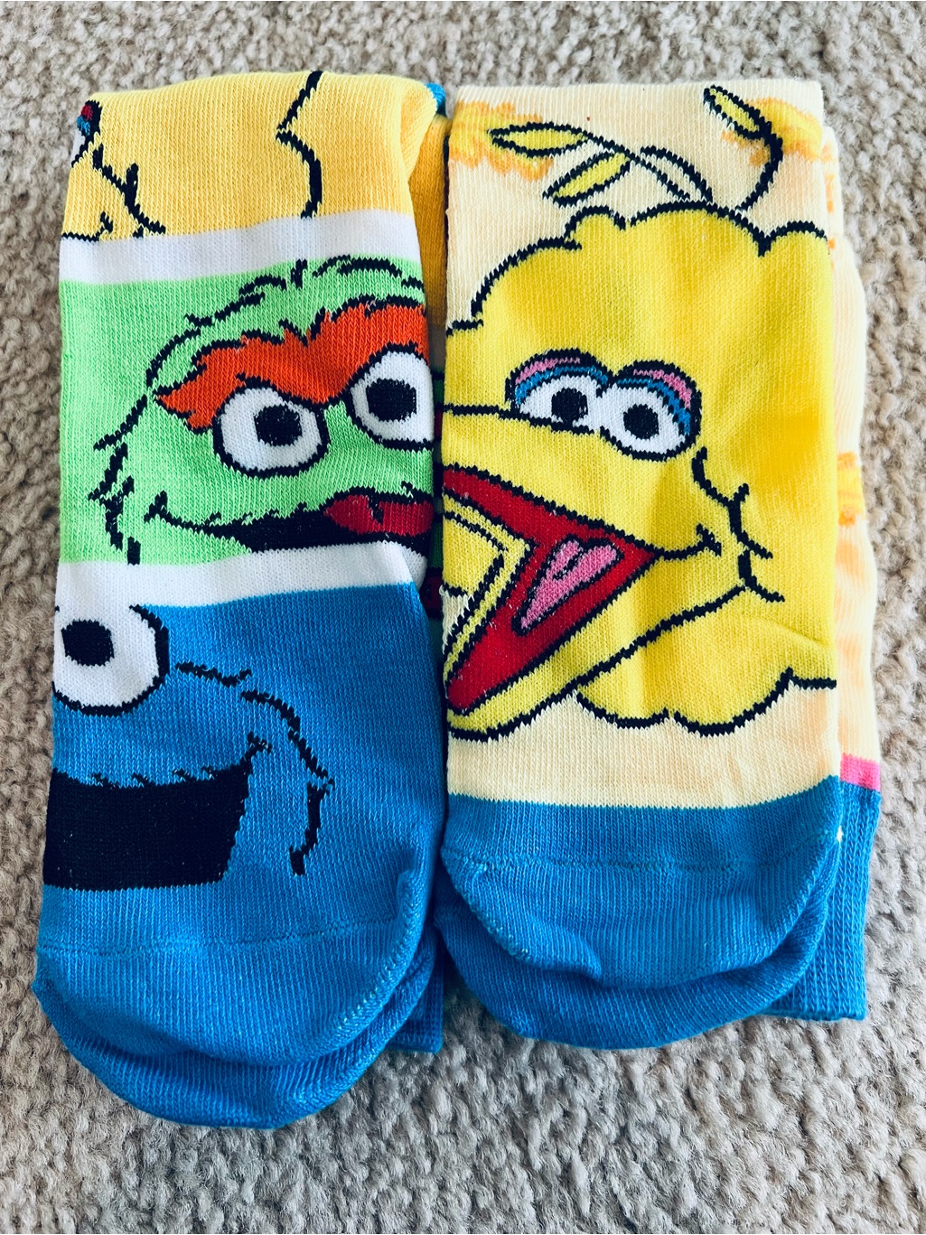 Sesame Street Character Crew Socks - Bright Yellow Blue, Big Bird, Oscar, Cookie